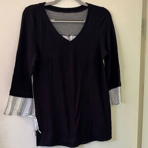 Black V-Neck Women's Top with Striped Cuffs